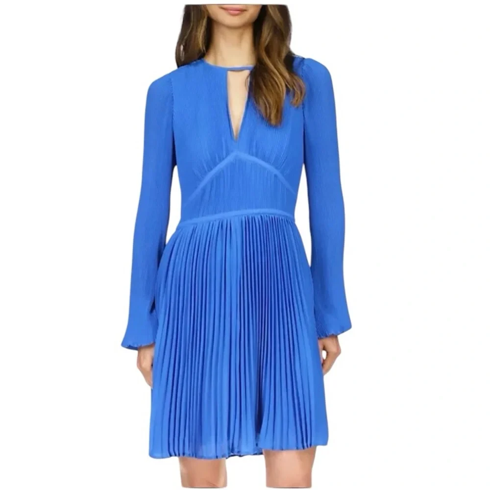 NWT MICHAEL Michael Kors Pleated Long Sleeve Mini‎ Dress Grecian Blue Feminine